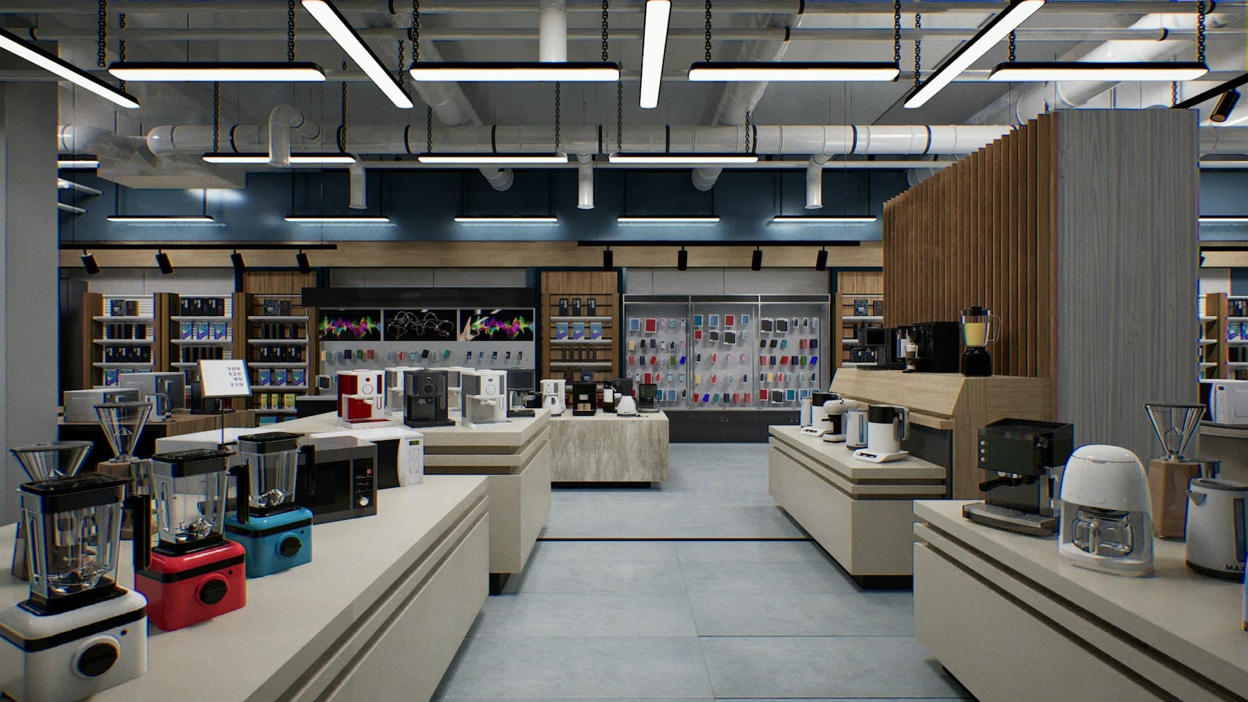 Intérieur d'un magasin d'électroménager avec appareils de cuisine exposés