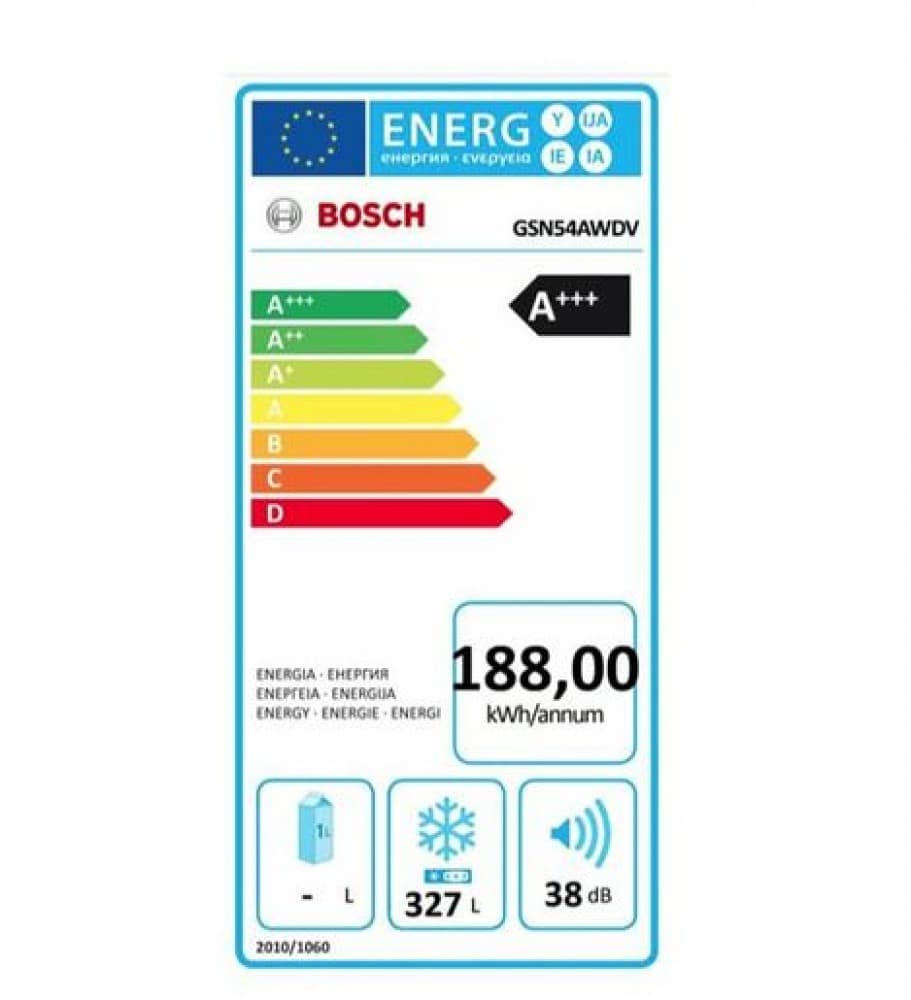 Étiquette énergie — Bosch Serie 6 GSN54AWDV — Congélateur vertical / armoire, 328 L, No Frost.