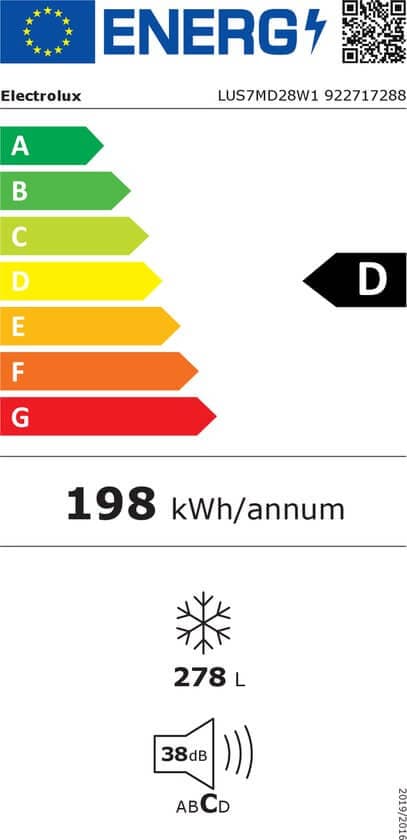 Étiquette énergie — Congélateur armoire Electrolux LUS7MD28W1 – Grande capacité, design moderne et No Frost