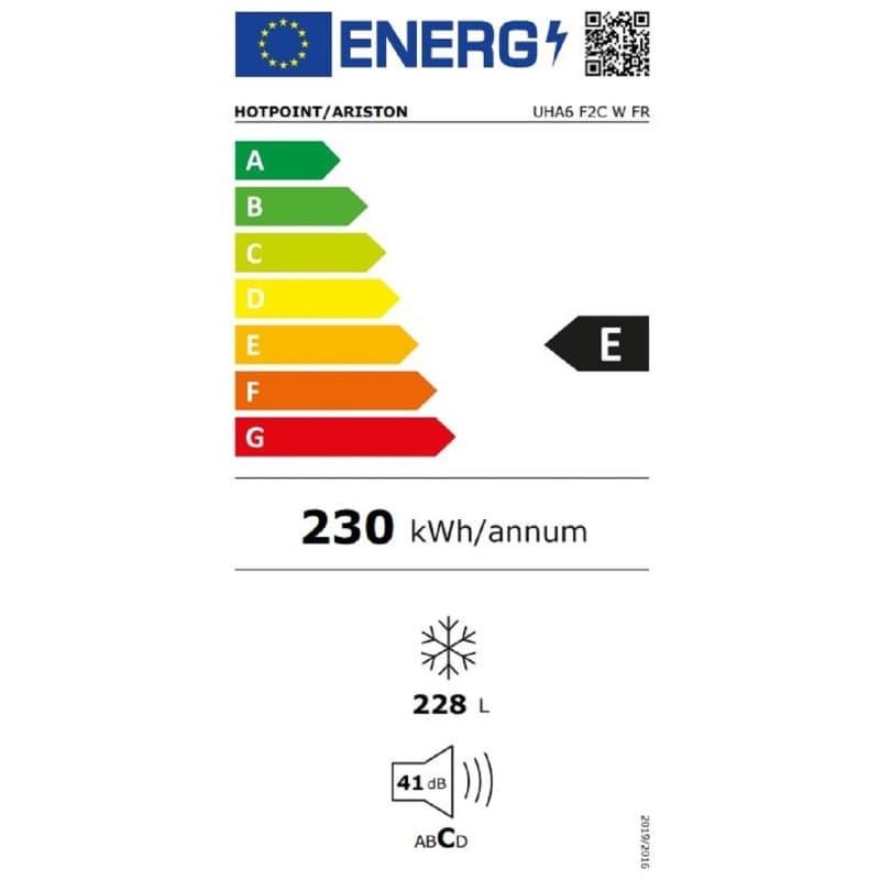 Étiquette énergie — Congélateur vertical Hotpoint Ariston UHA6F2CWFR – 228L, No Frost, performant