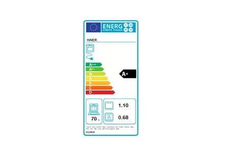 Étiquette énergie — Four encastrable Haier HWO60SM5B9BH – Multifonction, connectivité Wi-Fi, 70 L