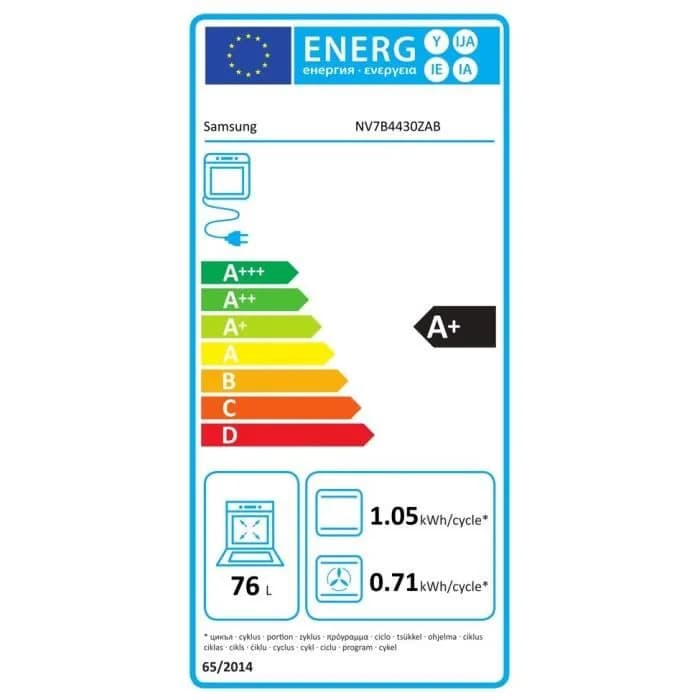 Étiquette énergie — Four Encastrable Samsung NV7B4430YCB – Four Connecté, Dual Cook & Air Sous Vide