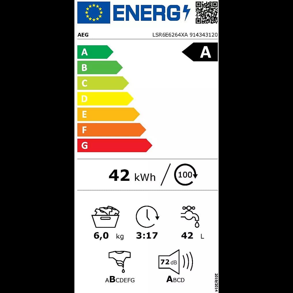Étiquette énergie — Lave linge hublot AEG LSR6E6264XA