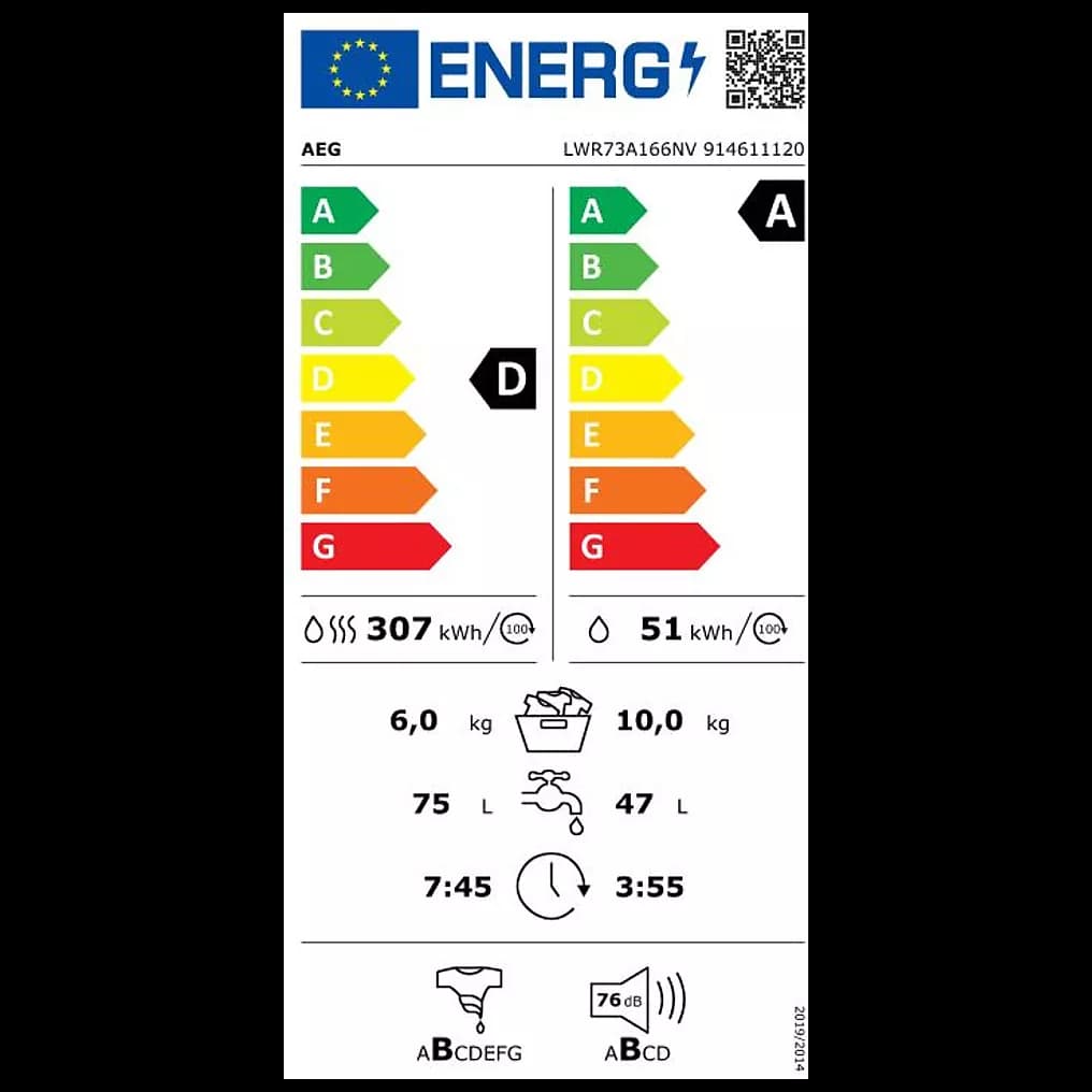 Étiquette énergie — Lave-linge Séchant AEG LWR73A166NV – 10 kg Lavage / 6 kg Séchage – 1600 tr/min – ProSteam – Classe A – Connecté Wi-Fi