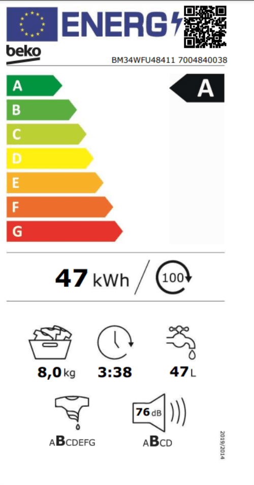 Étiquette énergie — Lave linge bpro 500 8KG