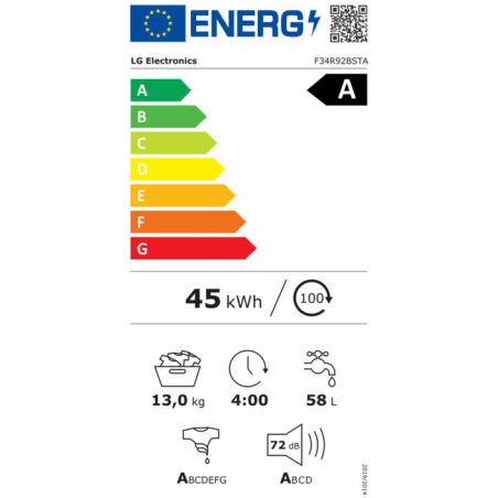 Étiquette énergie — Lave-linge LG F34R92BSTA 13 kg – 1400 tr/min – Classe A – AI DD™ – Inox