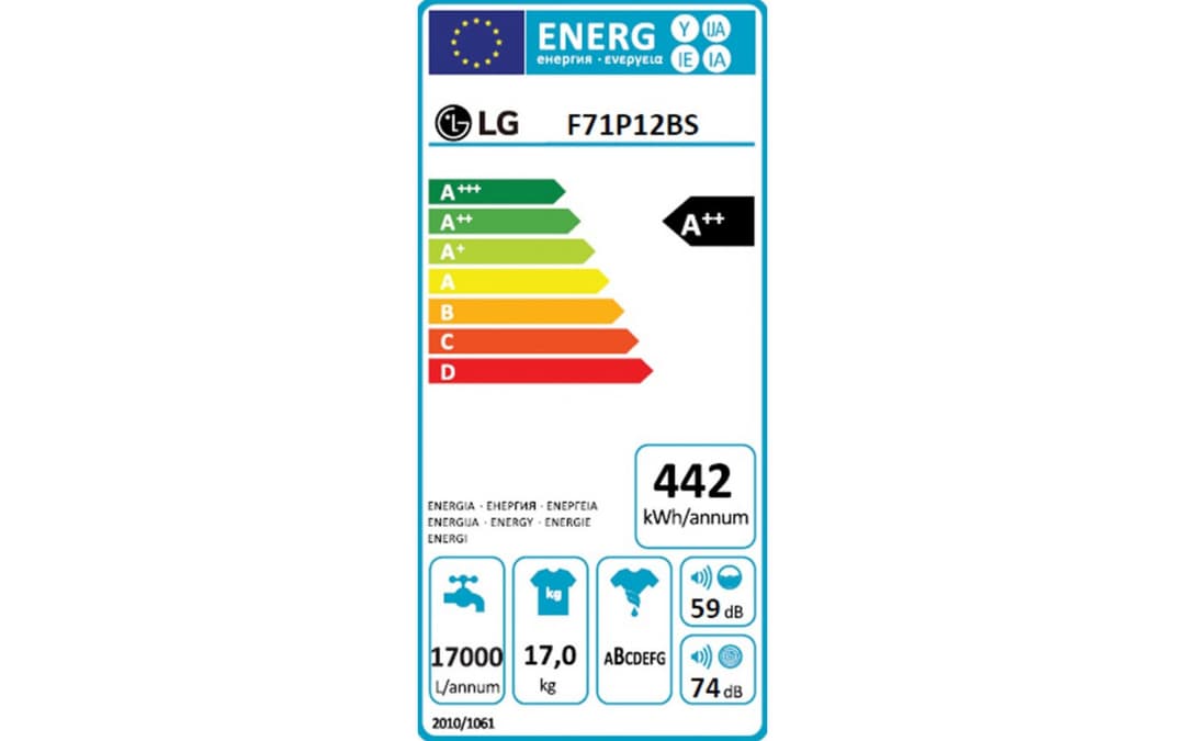 Étiquette énergie — Lave-linge LG F71P12BS – 17 kg, 1100 tr/min, Noir