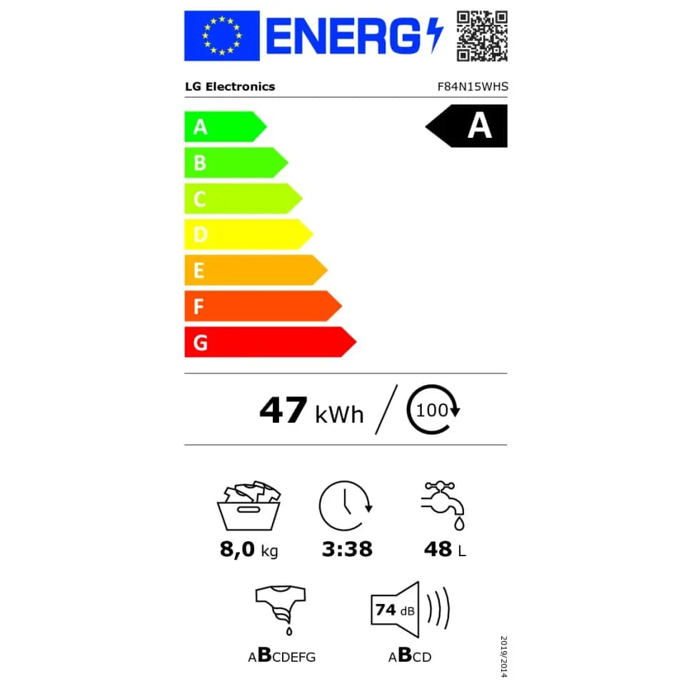 Étiquette énergie — Lave-linge frontal LG F84N15WHS – 8 kg – 1400 tr/min – Classe A