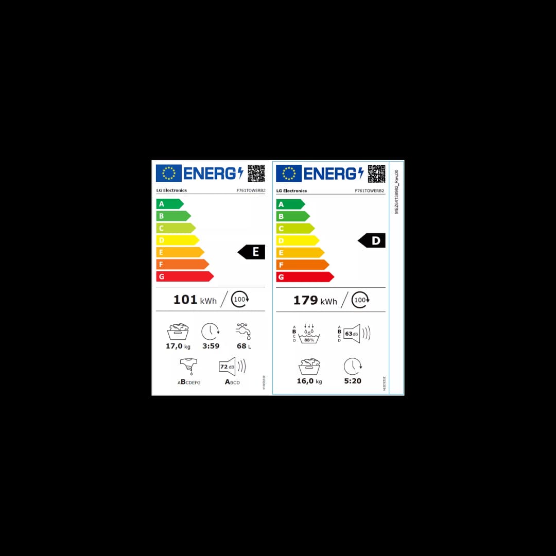 Étiquette énergie — Lave linge séchant hublot LG F761TOWERB2 WashTower