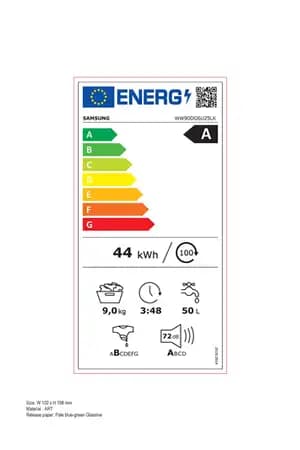 Étiquette énergie — Lave-linge hublot Samsung WW90DG6U25LKU3 – 9 kg, 1400 trs/min, AI Energy