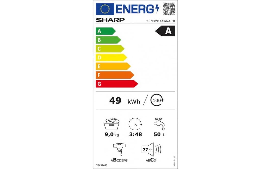 Étiquette énergie — NFB914AWNA-FR machine à laver Charge avant 9 kg 1400 tr/min