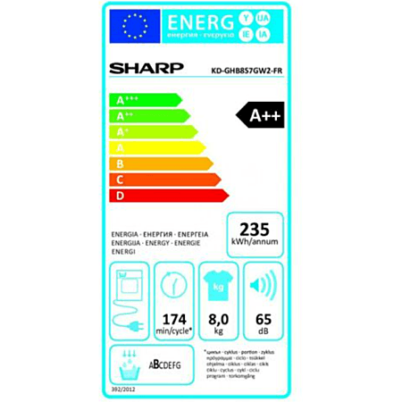 Étiquette énergie — Sèche-linge SHARP NHB8S7GW2I 8 kg à pompe à chaleur