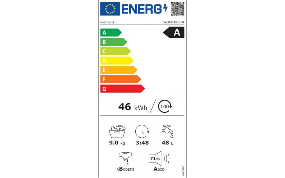 Étiquette énergie — Lave-linge frontal Siemens WG4400XFR – 9 kg – 1400 tr/min – Classe A++