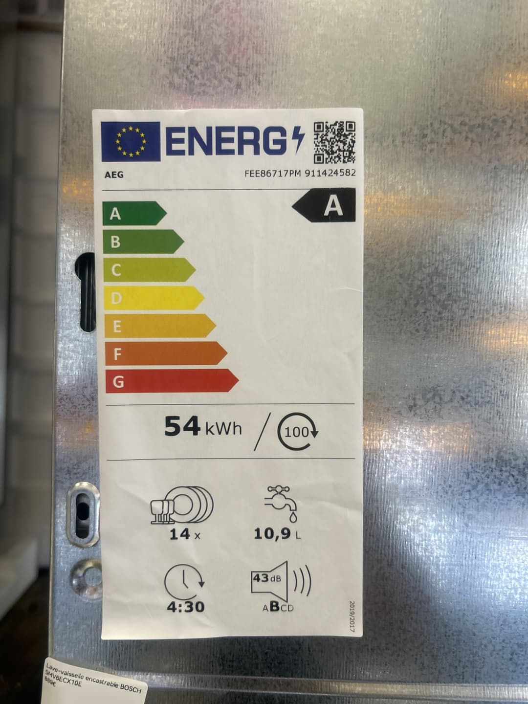 Étiquette énergie — Lave-vaisselle encastrable AEG FEE86717PM 60 cm – Inox – Silence et performance