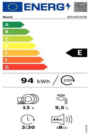 Étiquette énergie — Lave-vaisselle encastrable Bosch SMV46KX55E – 13 couverts, 46 dB, Classe A++