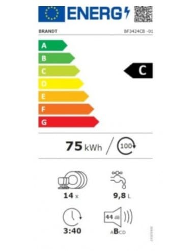 Étiquette énergie — Lave-vaisselle Brandt BF3424CB – 14 couverts – Noir – Ultra silencieux 44 dB – Classe C – 60 cm