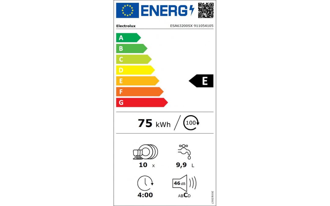 Étiquette énergie — Lave‑vaisselle Electrolux ESA63200SX 300 AirDry – 45 cm – 10 couverts – Inox