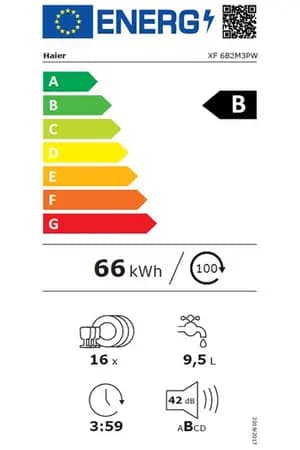 Étiquette énergie — Lave‑vaisselle Haier XF6B2M3PW I‑Pro Shine Series 5 60 cm – 16 couverts – Classe B