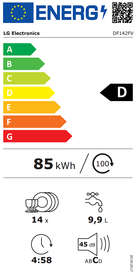 Étiquette énergie — Lave‑vaisselle LG DF142FV – 14 couverts, QuadWash™, Inverter Direct Drive, inox antih­-empreintes, pose libre