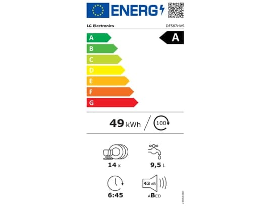Étiquette énergie — Lave‑vaisselle LG DF587HVS 60 cm – 14 couverts – QuadWash & TrueSteam – Inox Pose libre