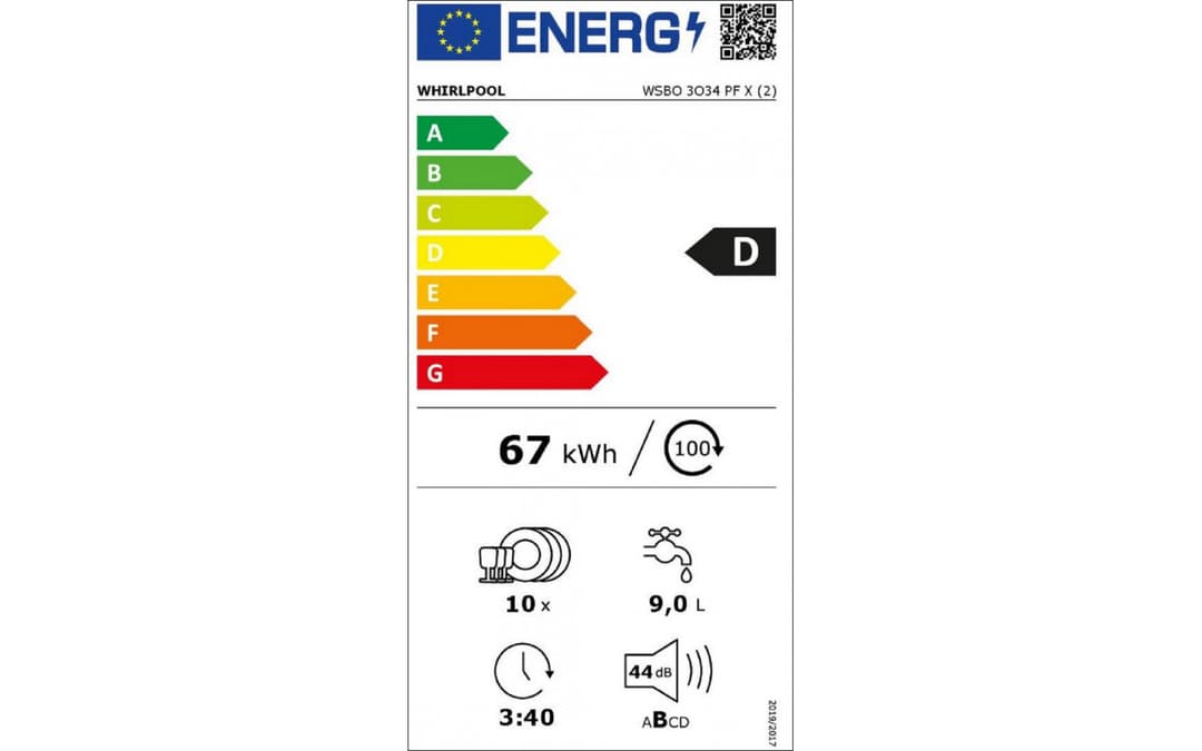 Étiquette énergie — WHIRLPOOL - Lave-vaisselle encastrable 45 cm - WSBO3O34PFX