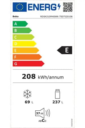 Étiquette énergie — Réfrigérateur-Congélateur BEKO RDSA310K340WN – [Capacité] L, Classe [X]