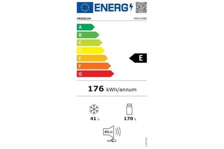 Étiquette énergie — Réfrigérateur-congélateur 2 portes Frigelux RDP216BE – 211 L, Classe E