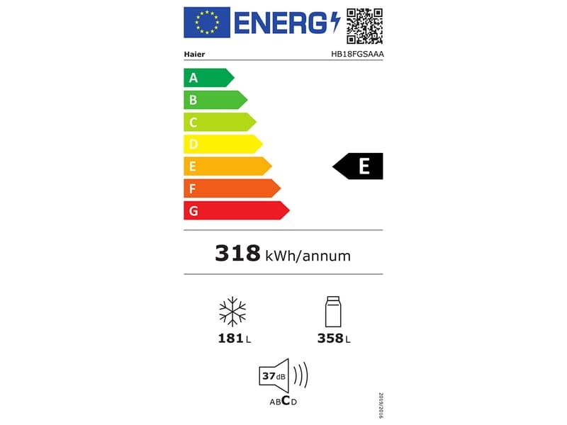 Étiquette énergie — Réfrigérateur multiportes HAIER HB18FGSAAA – 539L, verre trempé gris
