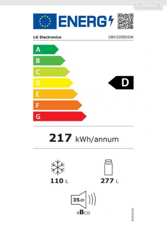 Étiquette énergie — Réfrigérateur combiné LG GBV3200DSW – 341L – No Frost – Classe énergétique E