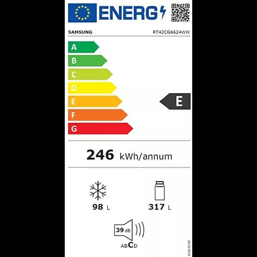 Étiquette énergie — Samsung RT42CG6624WW : Réfrigérateur 415L No Frost Connecté, Silencieux et Économique