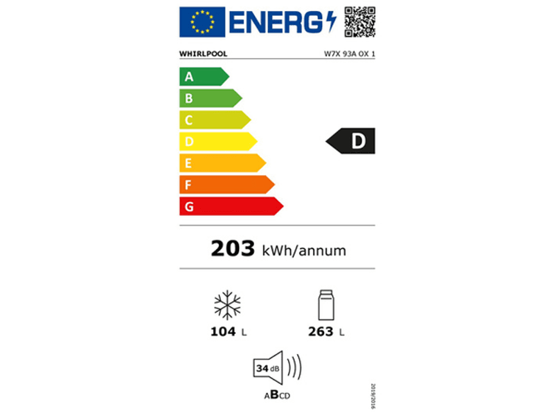 Étiquette énergie — Réfrigérateur Combiné Whirlpool W7X93A0X1 – 367 L – No Frost – Pose libre