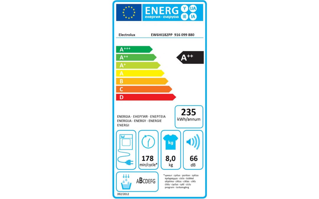 Étiquette énergie — ELECTROLUX Sèche linge hublot EW6HI182PP 8kg