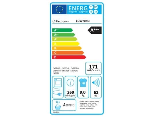 Étiquette énergie — Sèche-linge LG RH9X71WH à pompe à chaleur – 9 kg – Blanc