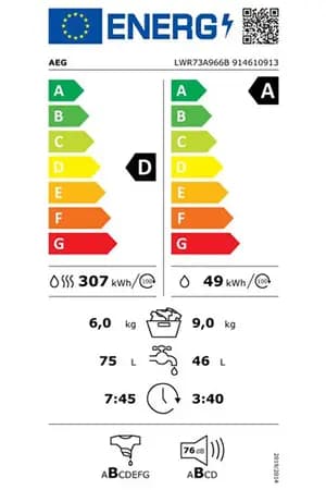 Étiquette énergie — Lave-linge séchant Aeg LWR73A966B 9/6 kg