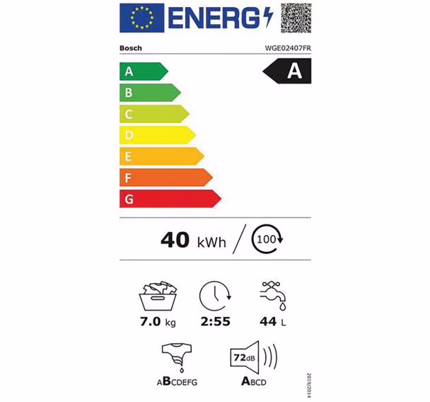 Étiquette énergie — Lave-linge Bosch WGE0240FR Série 7 kg, 1400 tr/min, Pose libre