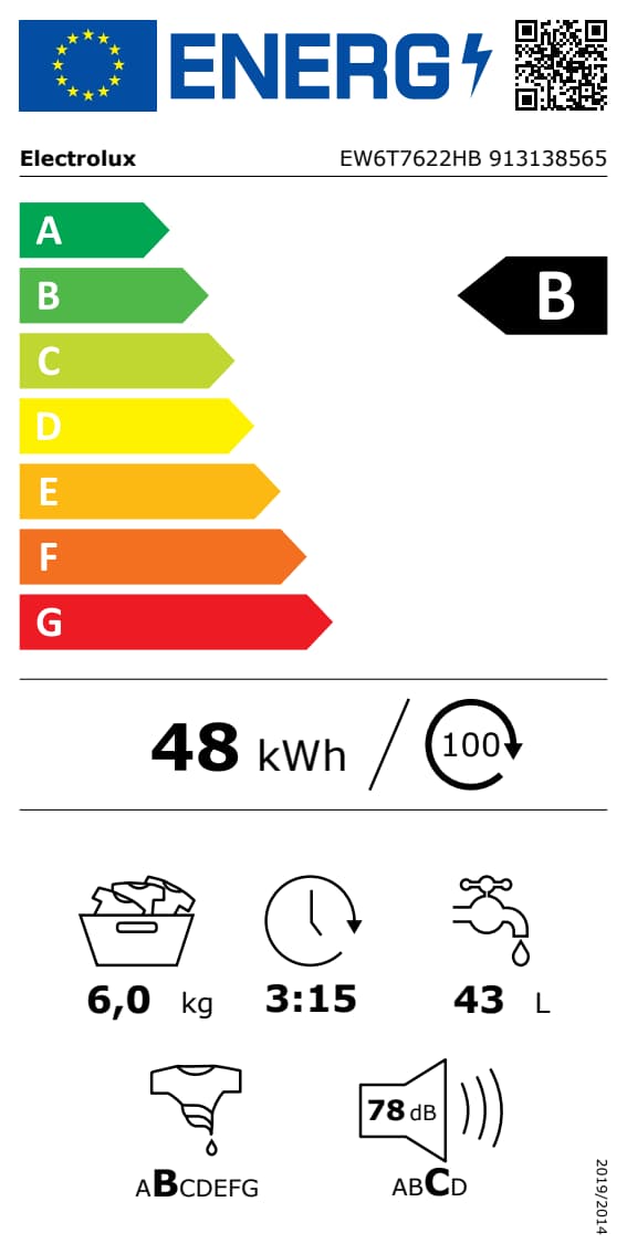 Étiquette énergie — Lave linge top 6 kg