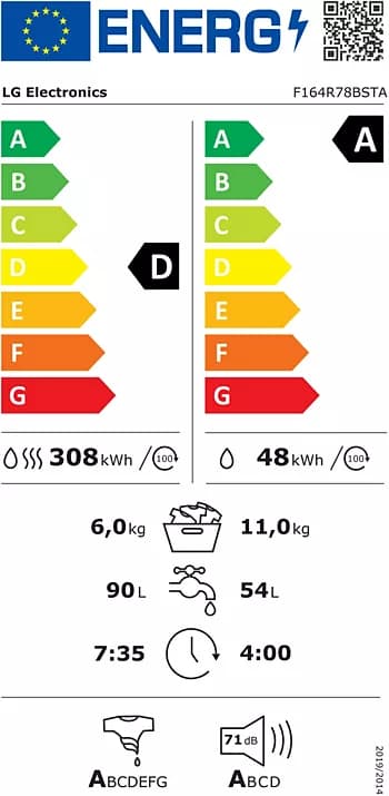 Étiquette énergie — Lave linge séchant hublot LG 11/6KG