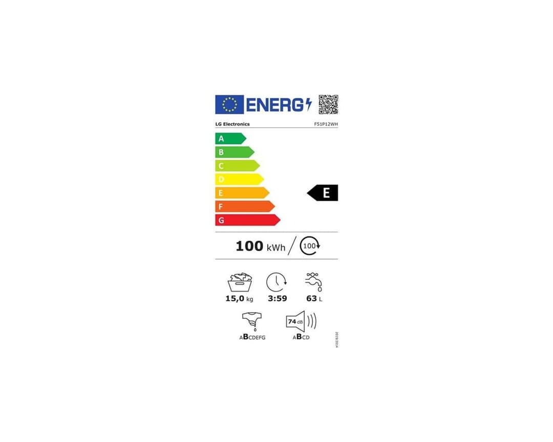 Étiquette énergie — Lave-linge LG F51P12WH 15 kg - 1100 tr/min - Blanc