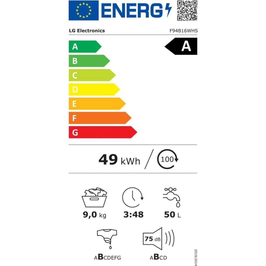 Étiquette énergie — Lave-linge LG F94B14WHS – 9 kg – Blanc – Moteur Direct Drive