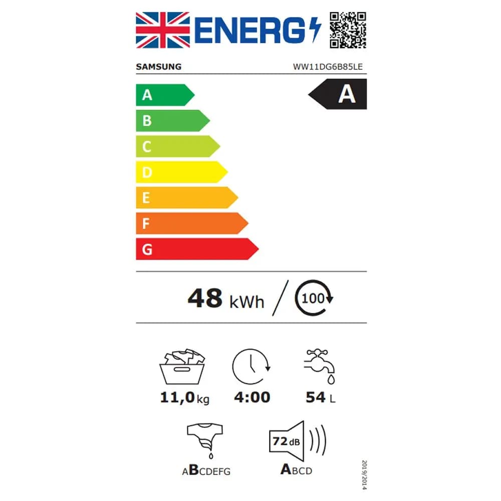 Étiquette énergie — Samsung Series 6 WW11DG6B85LE – Lave‑linge Ecobubble 11 kg, 1400 trs/min, Blanc