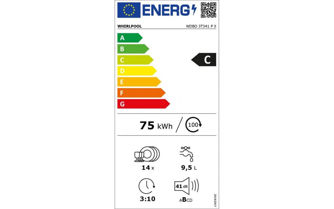 Étiquette énergie — Lave-vaisselle encastrable Whirlpool WDB03T341PX – 14 couverts – Classe énergétique C