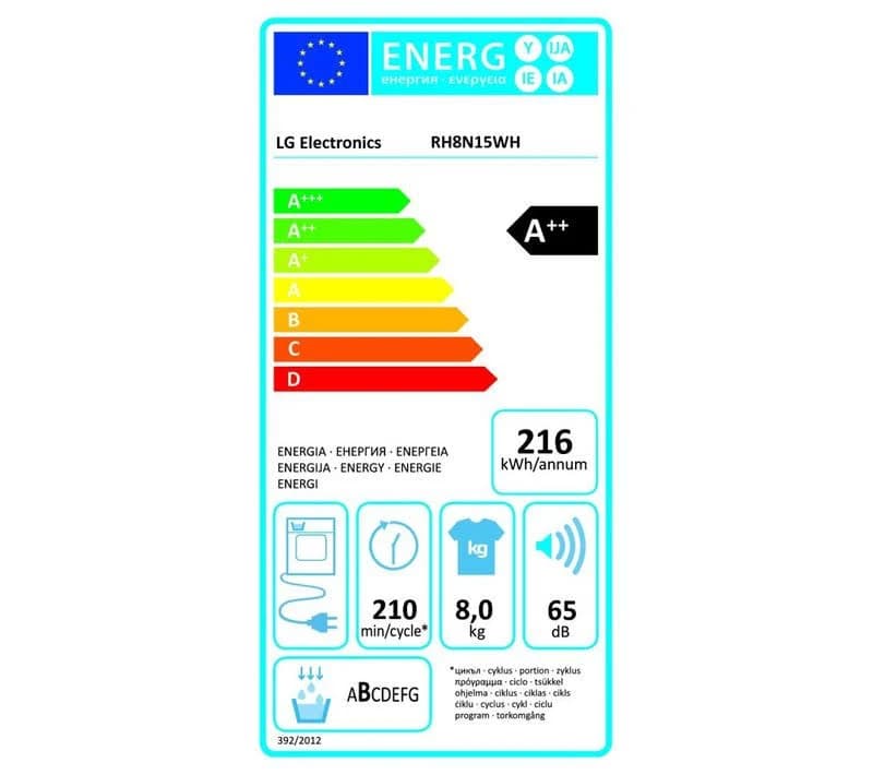 Étiquette énergie — Sèche-linge LG RH8N15WH à pompe à chaleur – 8 kg – Blanc